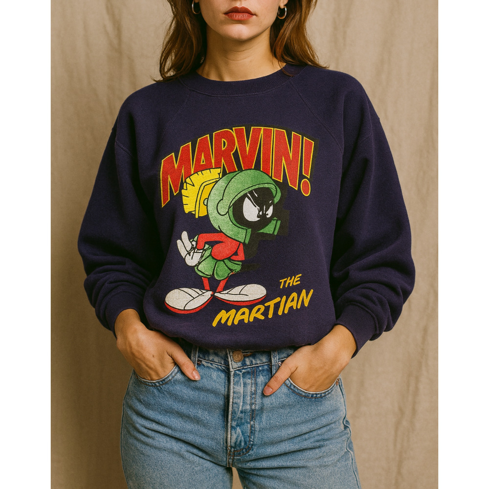 Vintage 1996 Marvin the Martian x Looney Tunes Crew Sweatshirt Purple XL H12289 - Picture 1 of 10
